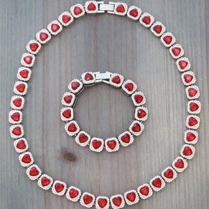 12.5mm Red Square Halo Heart Diamond Chain Rhinestones Silver Plated N+B Set